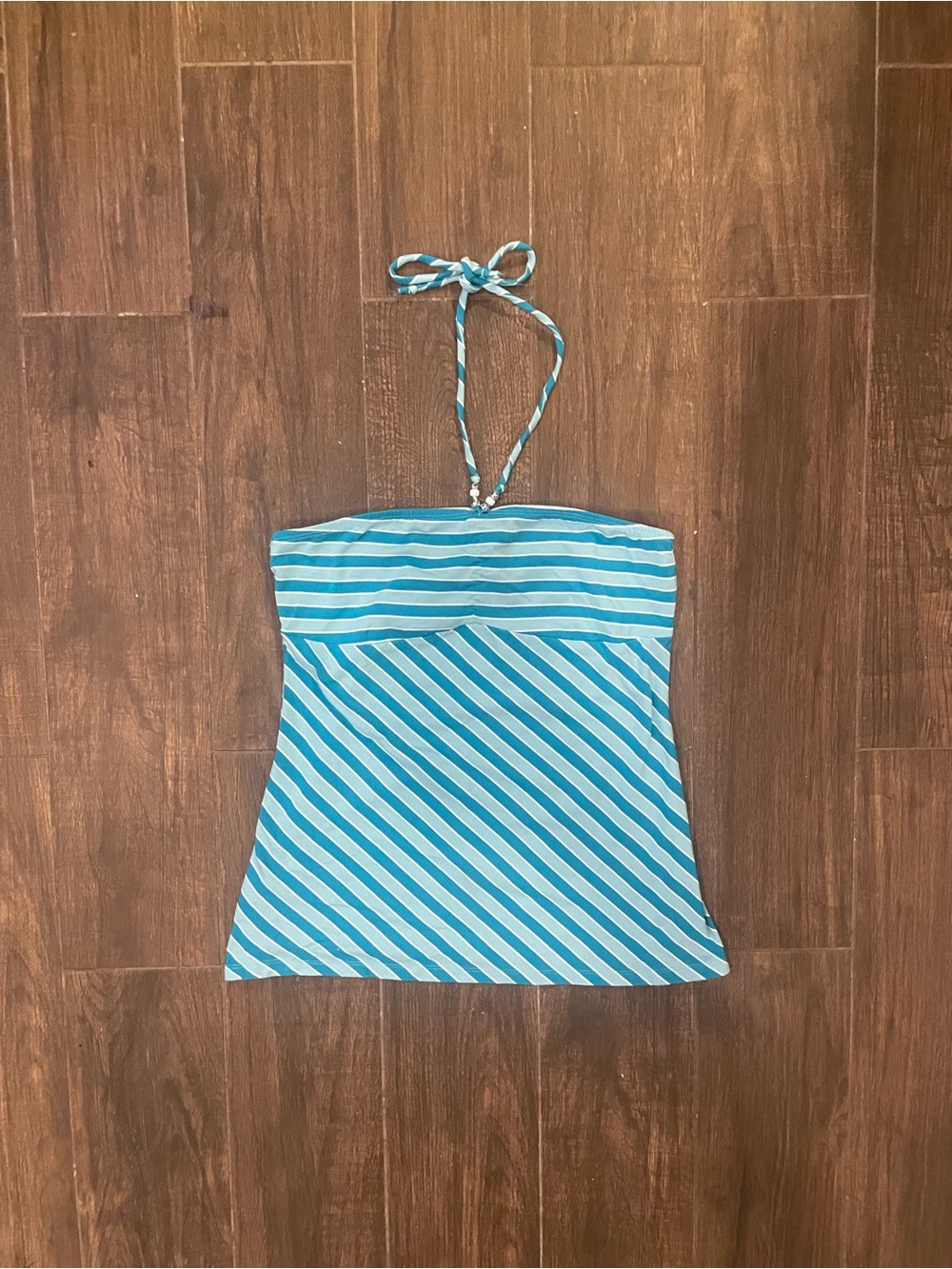 Y2K Striped Blue Beaded Halter Tank Top